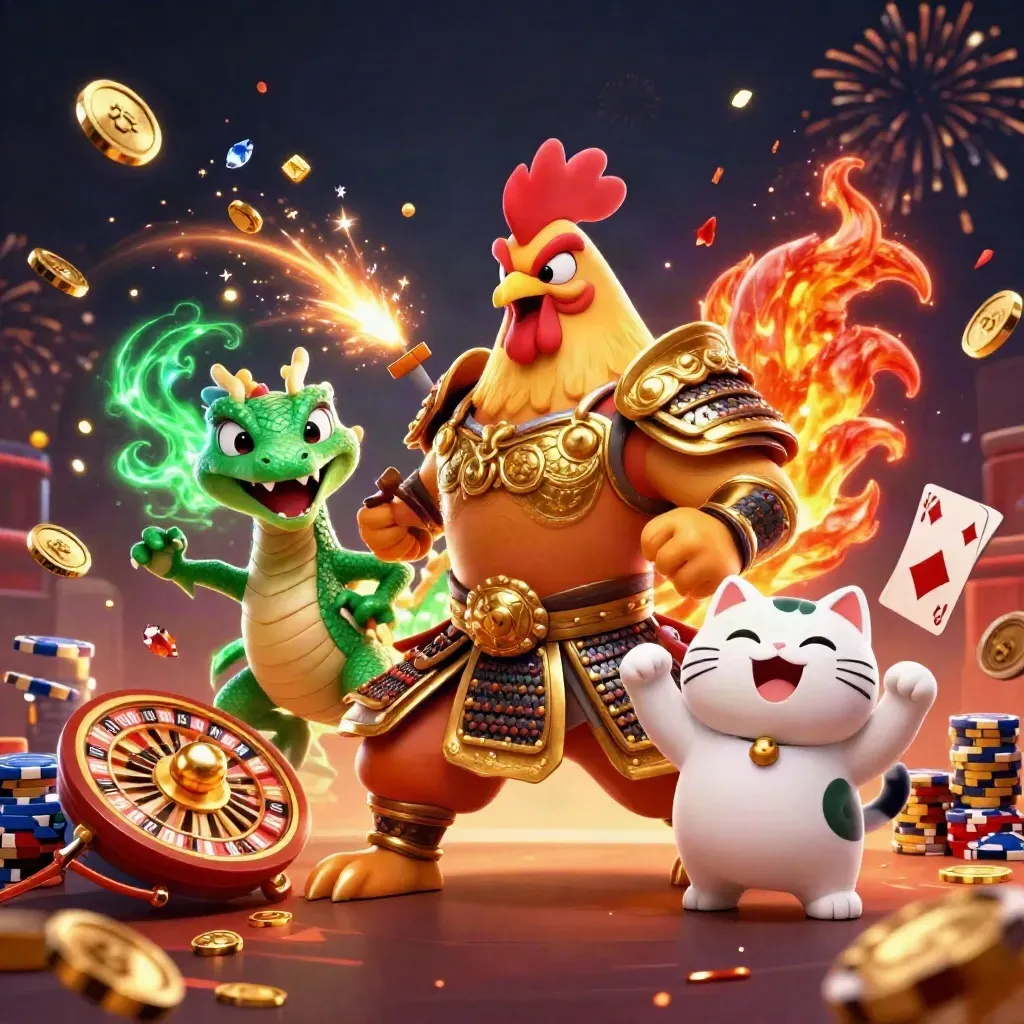 Samurai rooster, spark-breathing dragon hatchling and fortune cat amid casino coins and gems.