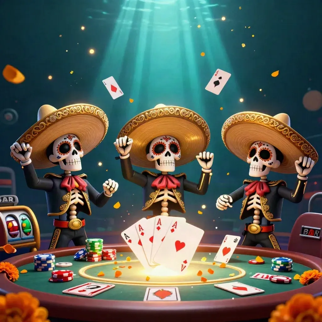 Day-of-the-Dead skeleton mariachi trio around a glowing poker table with chips, aces, and casino effects