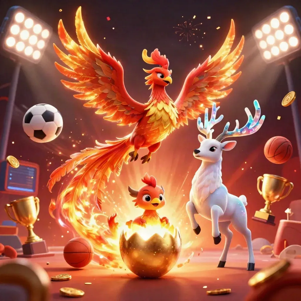 Fire phoenix, hatching baby phoenix, and crystal stag amid trophies, coins, and sports balls.