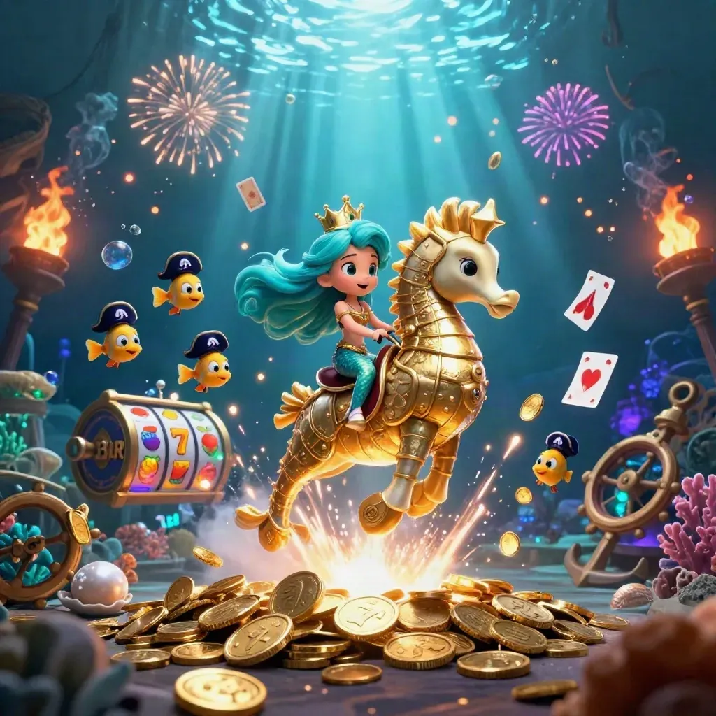 Mermaid princess on a golden seahorse amid coin rain, pirate fish, reels, and underwater fireworks.