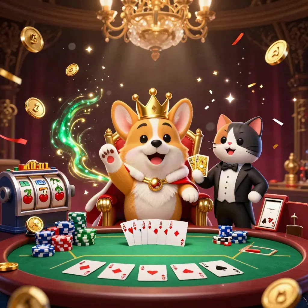 Royal corgi and cat butler amid poker chips, slot reels, coins, and fireworks