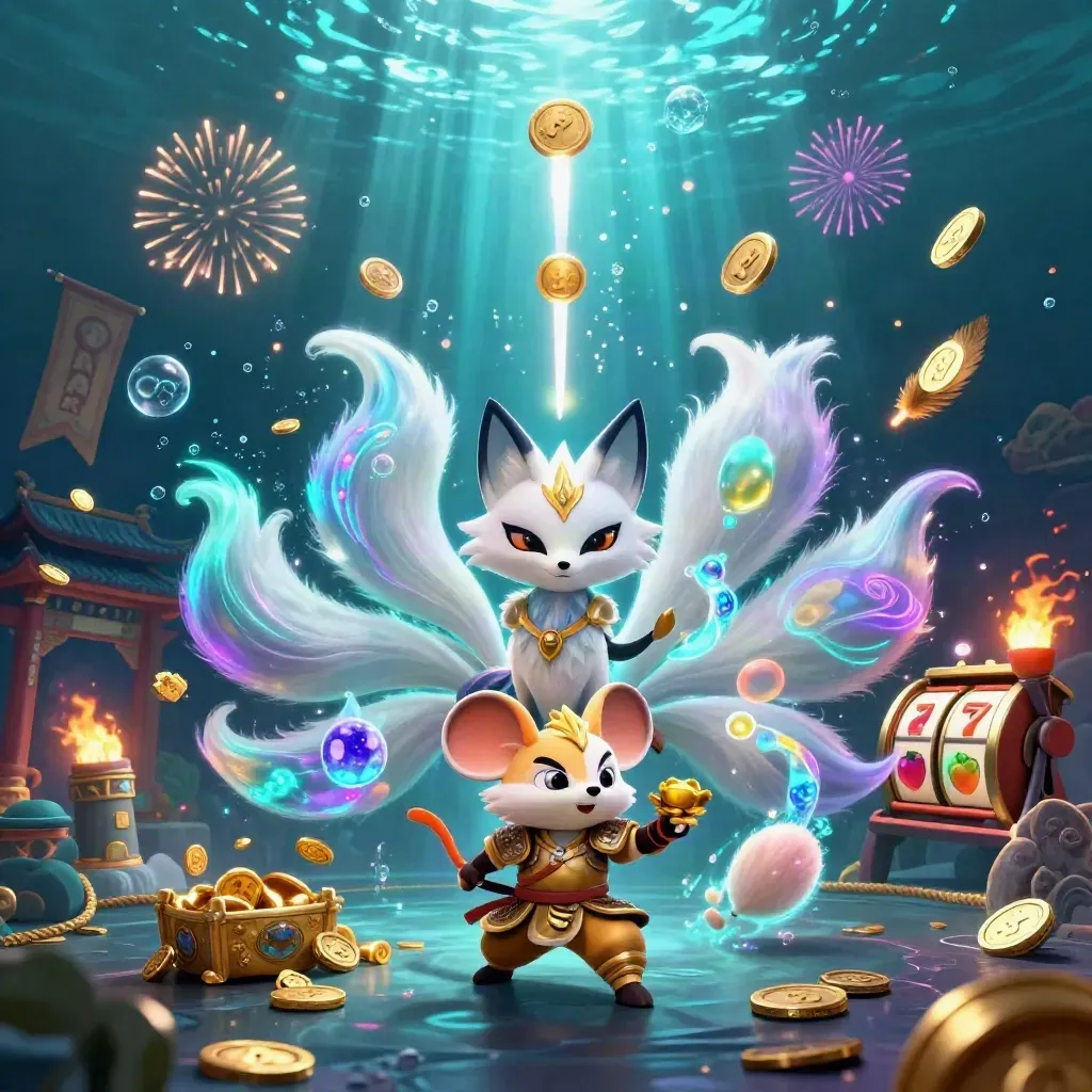 Fox spirit and golden mouse amid treasure, coins, reels, and underwater casino glow.