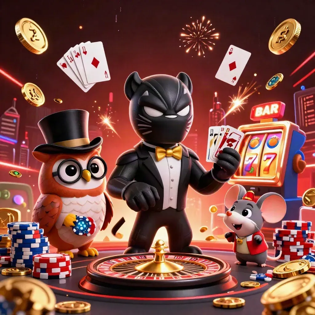 Black panther, owl and mouse amid coins, cards, reels and fireworks in a premium casino splash.