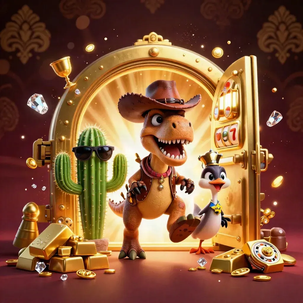 Cowboy T-Rex, cactus sidekick, and sheriff roadrunner burst from a glowing vault with casino loot