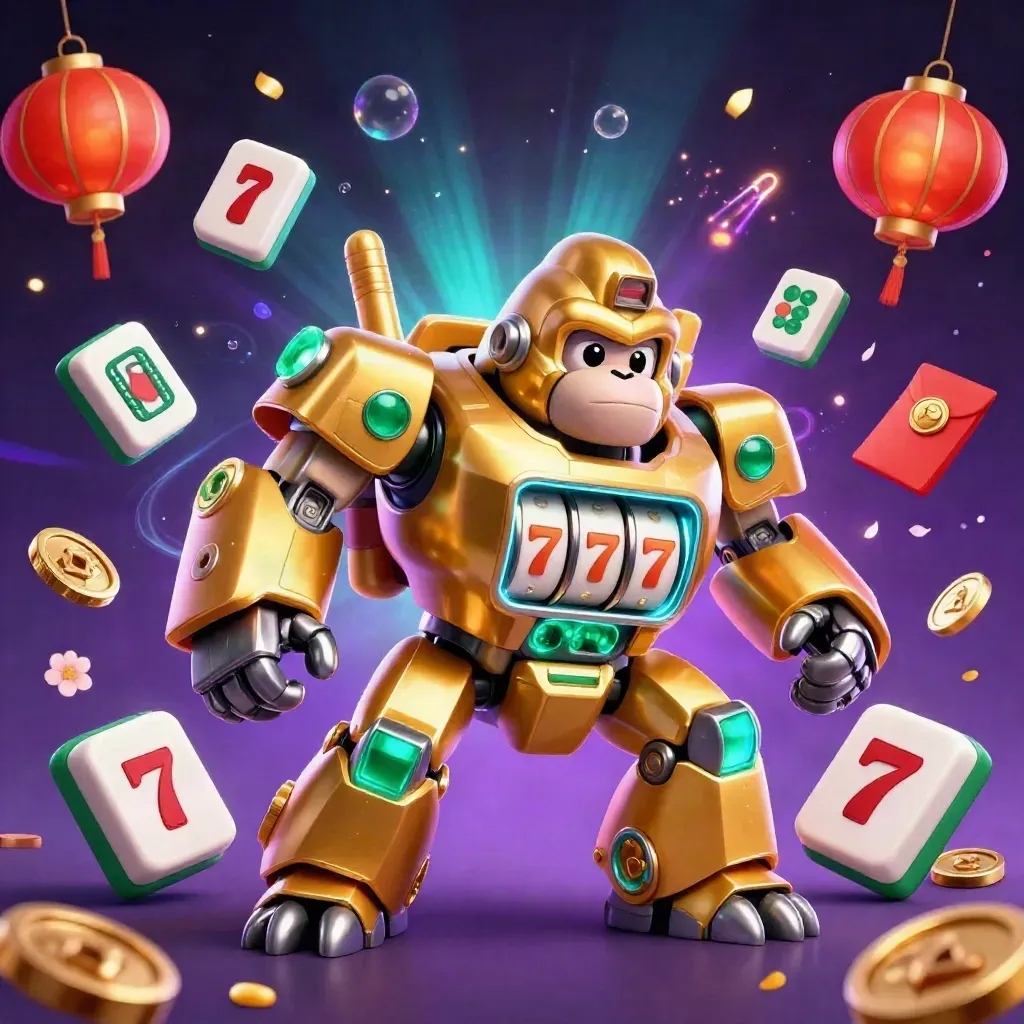Golden gorilla slot mech with tiny monkey pilot, lanterns, coins and fireworks