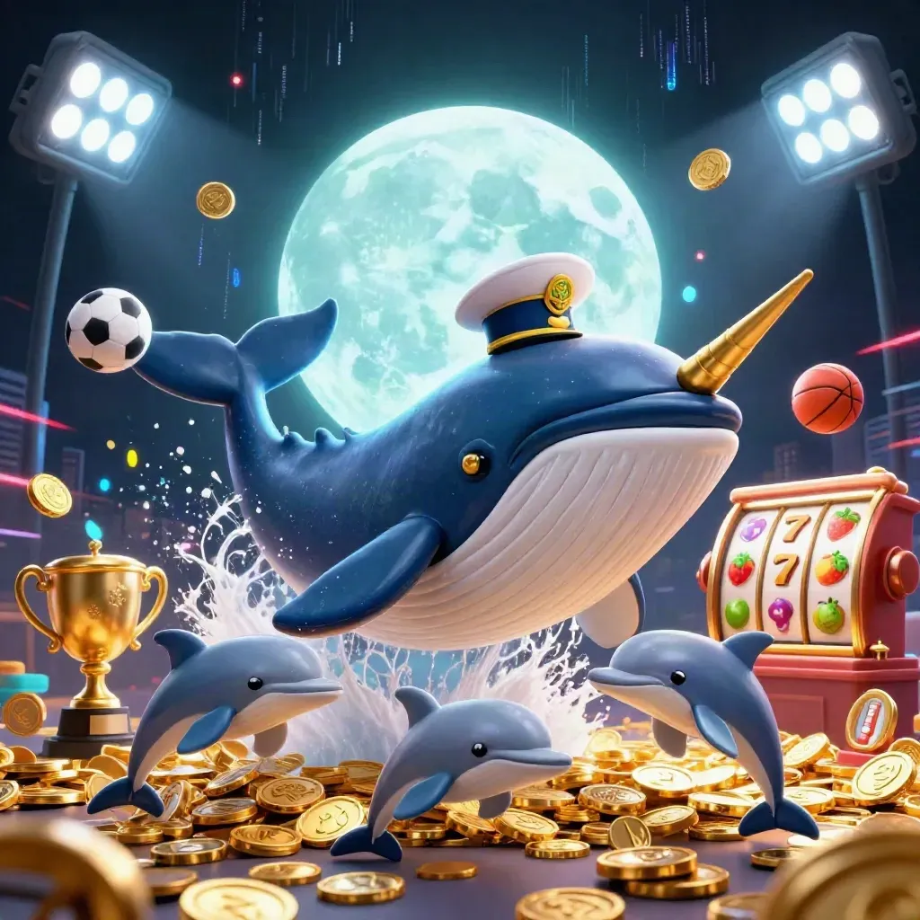 Cartoon whale captain breaching coin sea with narwhal, dolphins, balls, trophy and neon casino glow.