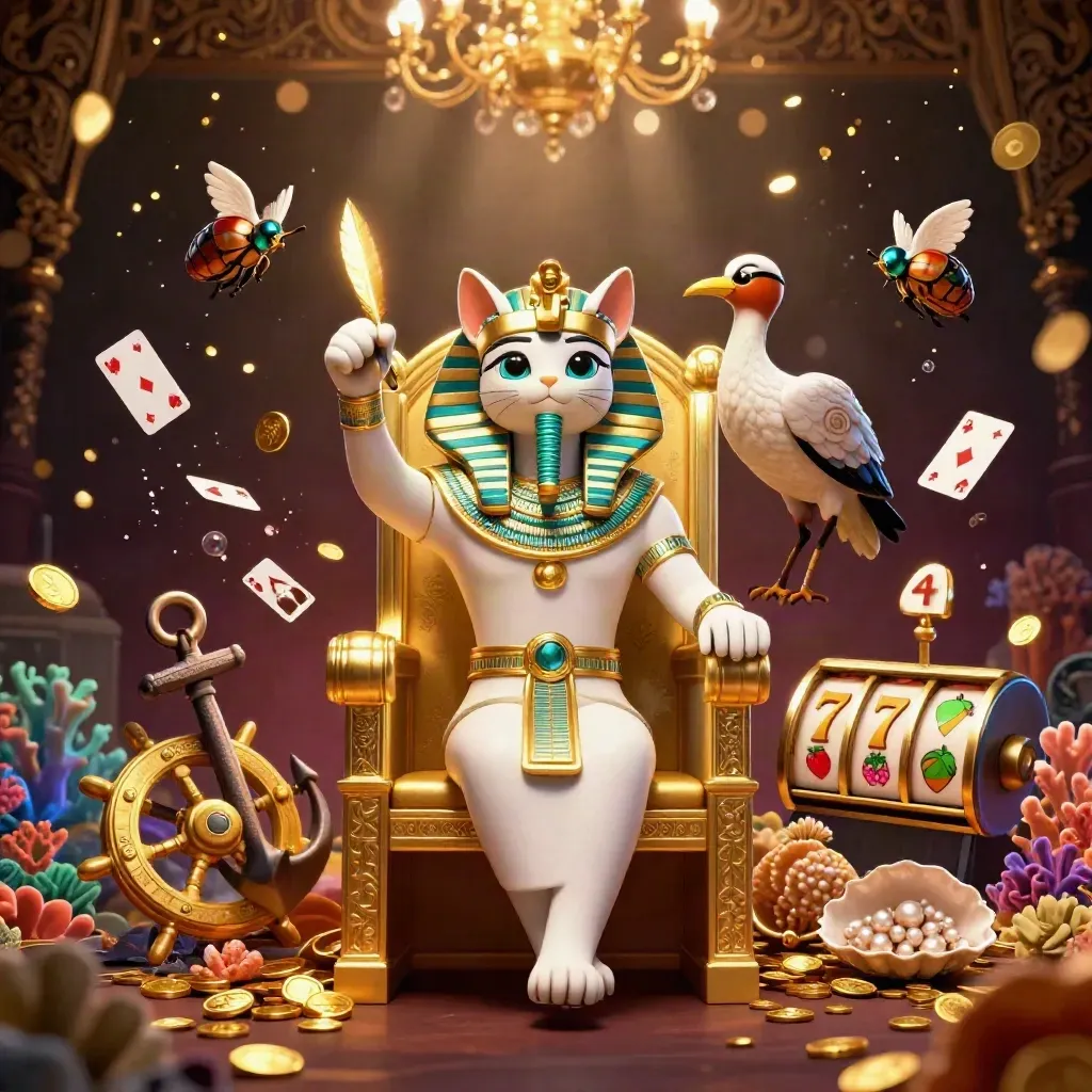 Pharaoh cat, ibis scribe, and gem-wing scarabs in a luxe casino treasure cove
