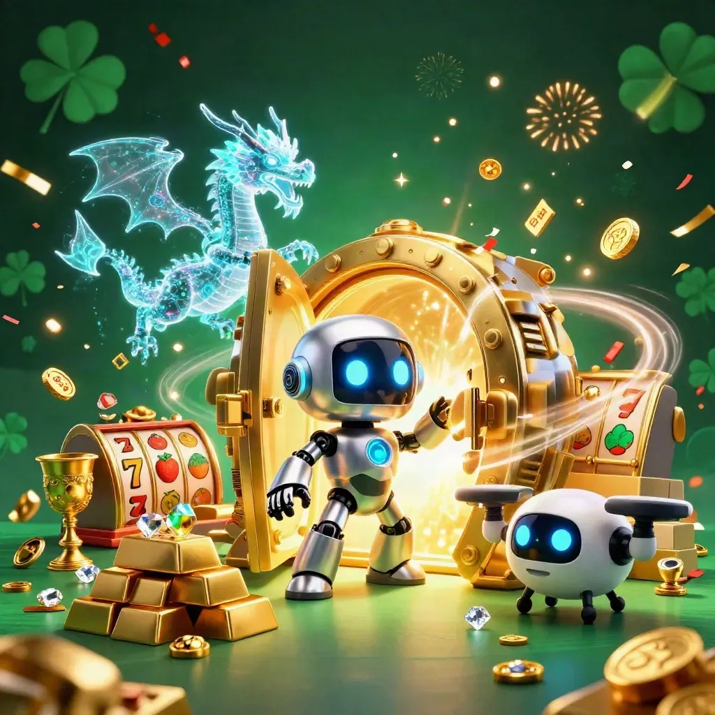 Robot, holographic dragon, and drone amid gold, vault light, sparks, and casino symbols.