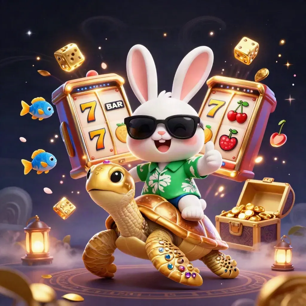 Lucky rabbit rides a golden turtle through slot symbols, dice, and a glowing treasure chest.