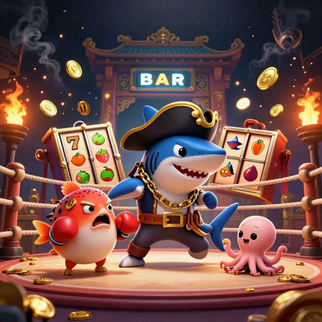 Shark pirate, boxing pufferfish, and juggling octopus in a glowing casino scene.