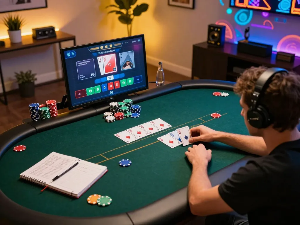 Player engaged in online poker strategy during an s666 game with chips and cards displayed.
