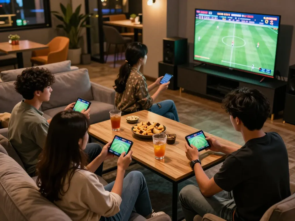 Friends enjoying ดูบอล while engaging in sports betting on their mobile devices in a lively lounge.