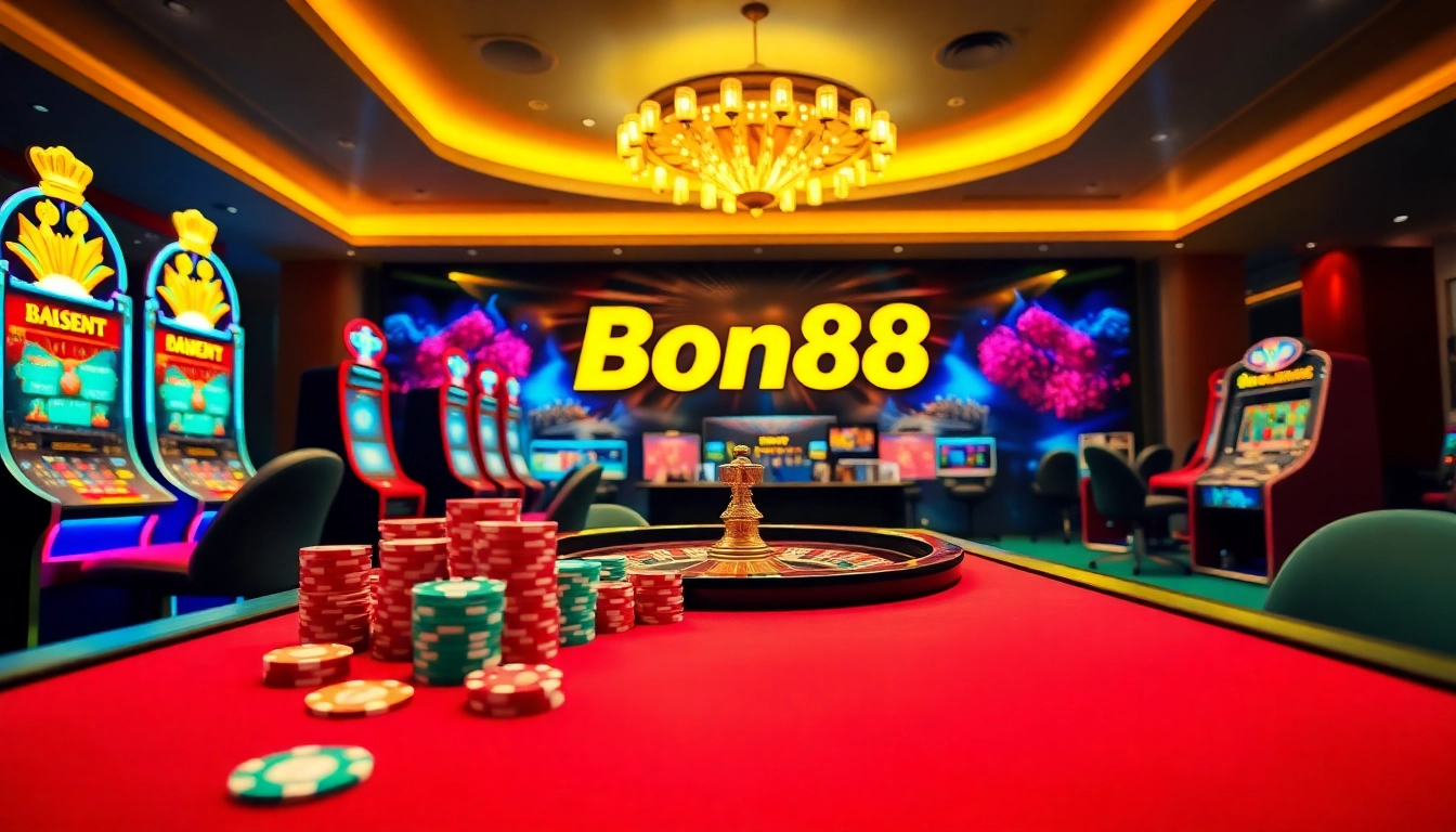 Bong88 players engaging in thrilling casino activities at a luxurious gaming table with vibrant visuals.