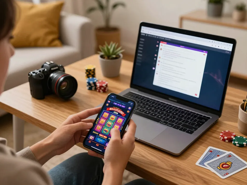 Engaging with the Hitclub mobile casino app in a cozy home setting, showcasing online gaming excitement.