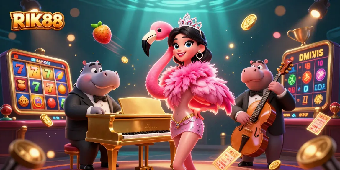 Experience the exciting world of RIK88 with a dynamic illustration of gaming, slot reels, and vibrant characters.