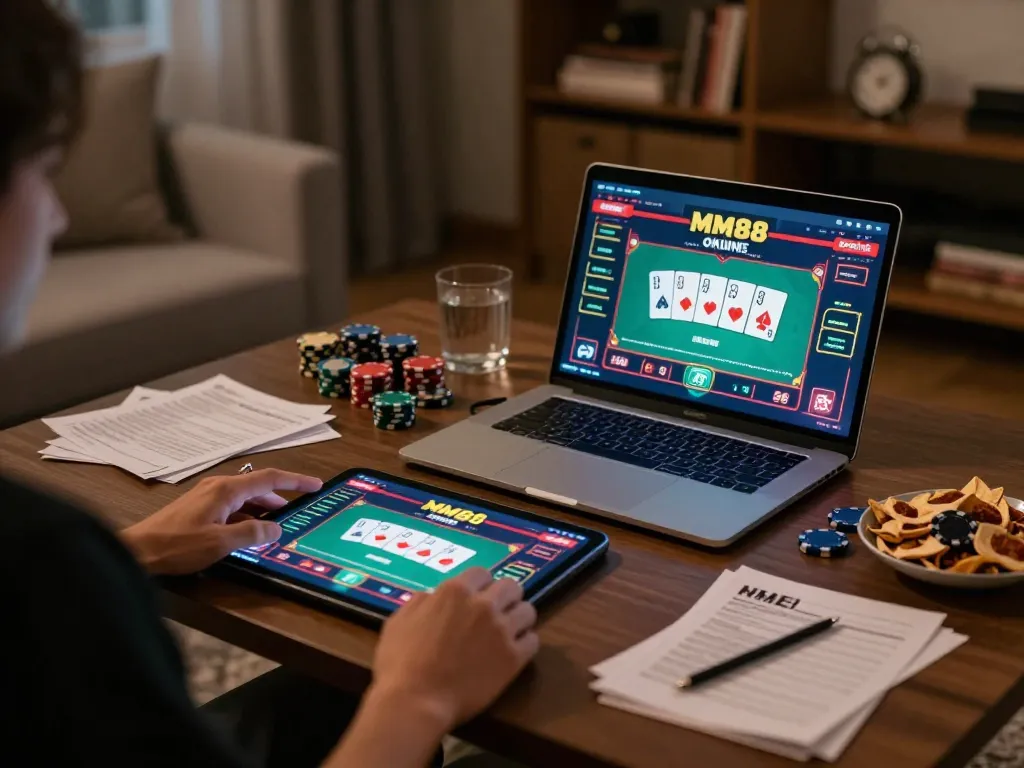 Engaged player enjoying MM88 online casino games on a tablet in a cozy home setting