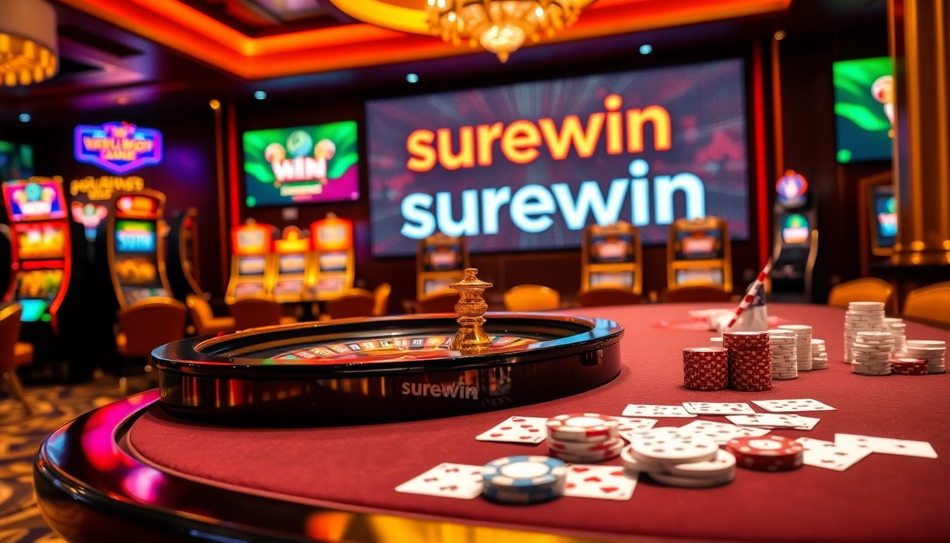 High-stakes gaming scene featuring surewin branding, roulette wheel, and vibrant casino tables.