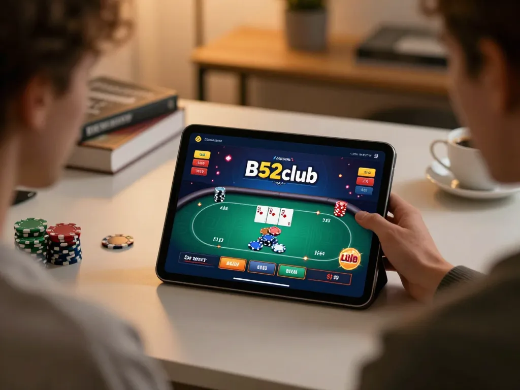 B52club player engaged in an online poker game with colorful chips displayed, showcasing strategic gameplay.