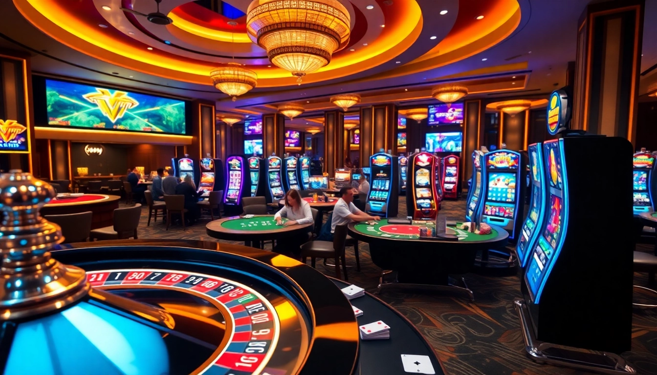 Experience the excitement and luxury of 123GA FUN in an upscale casino environment with players at poker tables and a spinning roulette wheel.