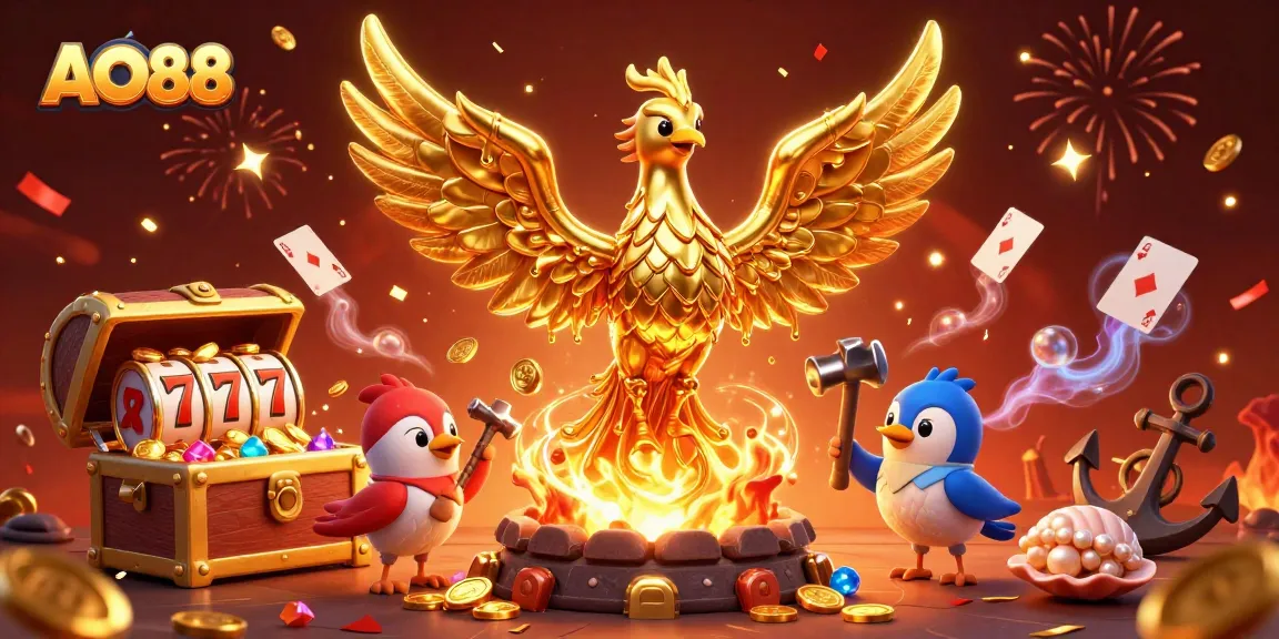Experience thrilling gameplay with AO88 and a majestic golden phoenix amidst an exciting casino adventure.