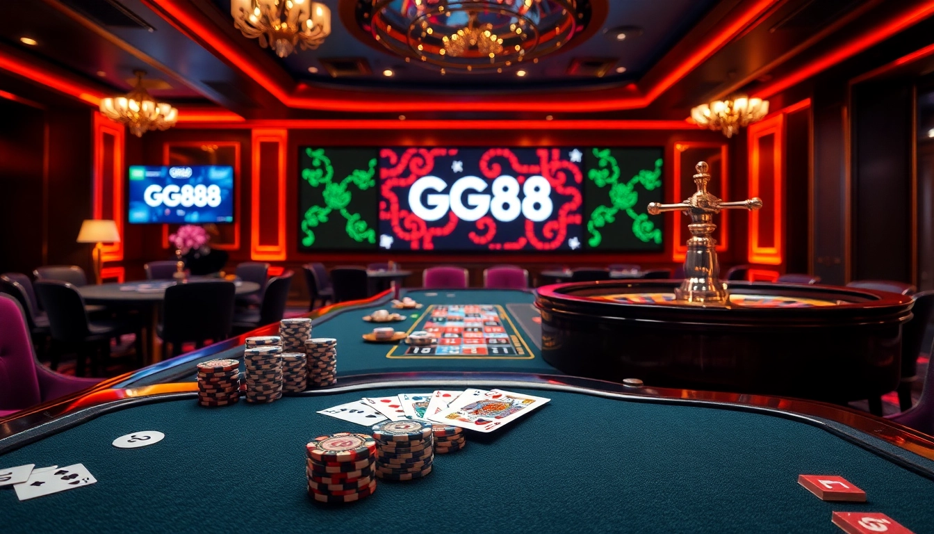 Players enjoying a vibrant gambling experience at GG88 casino, surrounded by poker chips and cards.