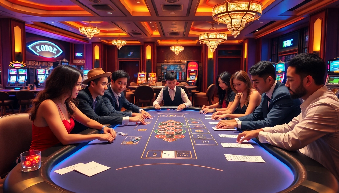 xocdia88 players engaging in an exciting game at a luxurious xocdia table in a modern casino.