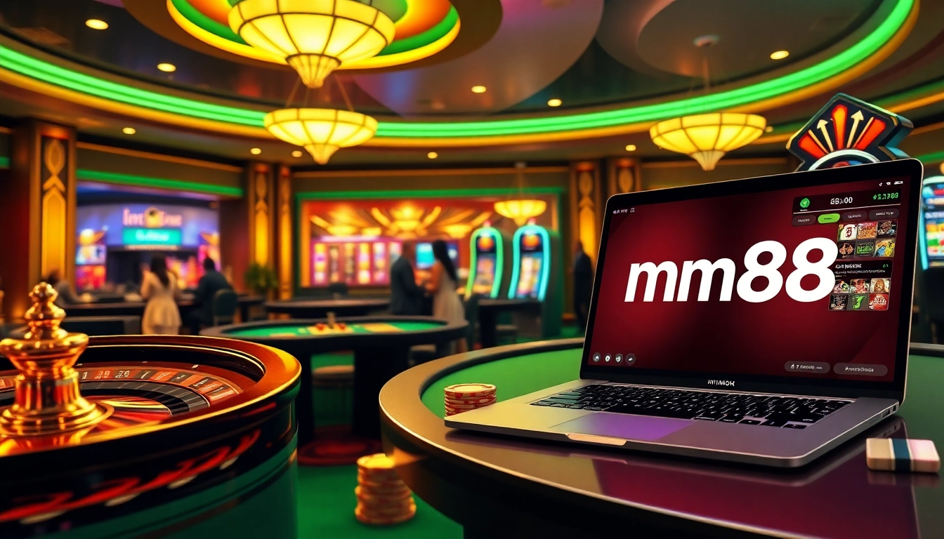 Exciting casino scene with mm88 branding, poker chips, and roulette wheel under elegant lighting.
