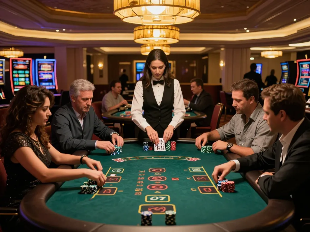 Engaging players strategizing at ONE88 blackjack table while the dealer shuffles cards.
