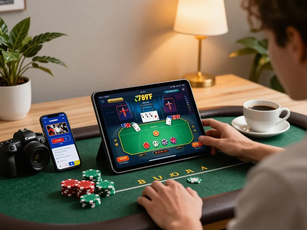 Player enjoying a poker game on the 789F mobile app at a cozy home desk.