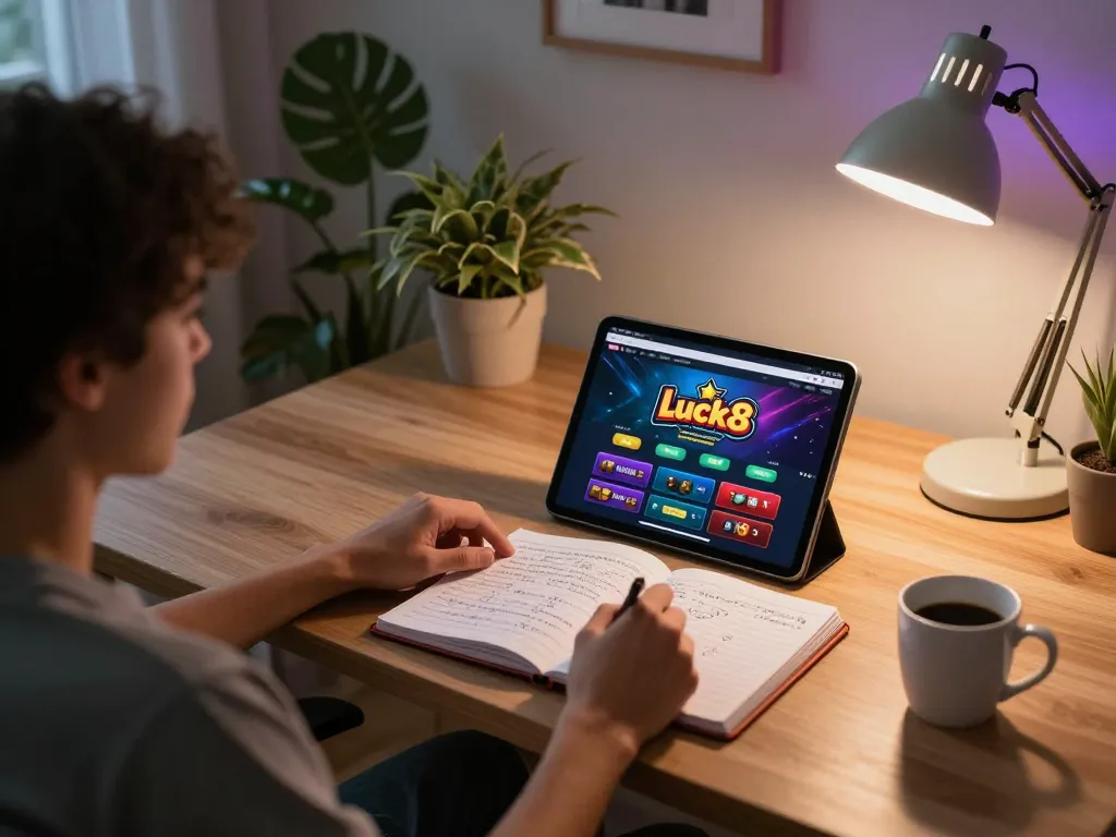 Player engaging with luck8 casino on tablet, showcasing a cozy gaming environment and strategy notes.