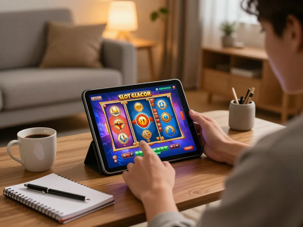 Engaging with Slot Gacor games on a tablet in a cozy modern living room setting.