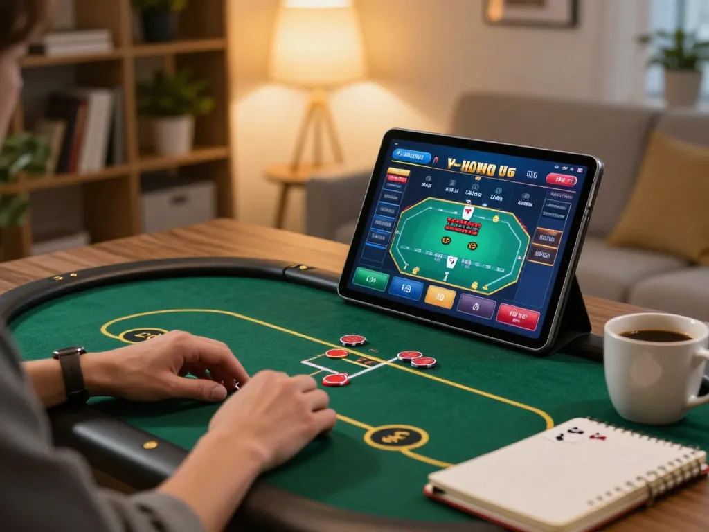 Download Mega888 APK for Android while enjoying online gaming on a tablet in a cozy living room.
