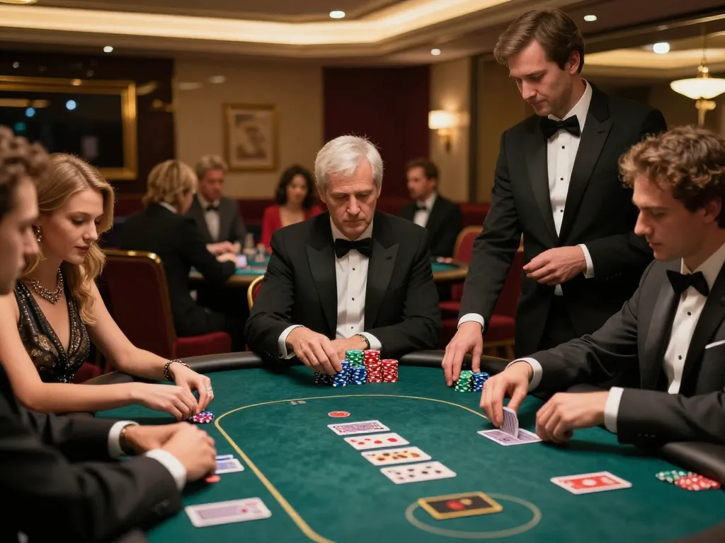 Players engaged in a strategic poker game at VA88 VIP casino, showcasing high stakes and intense focus