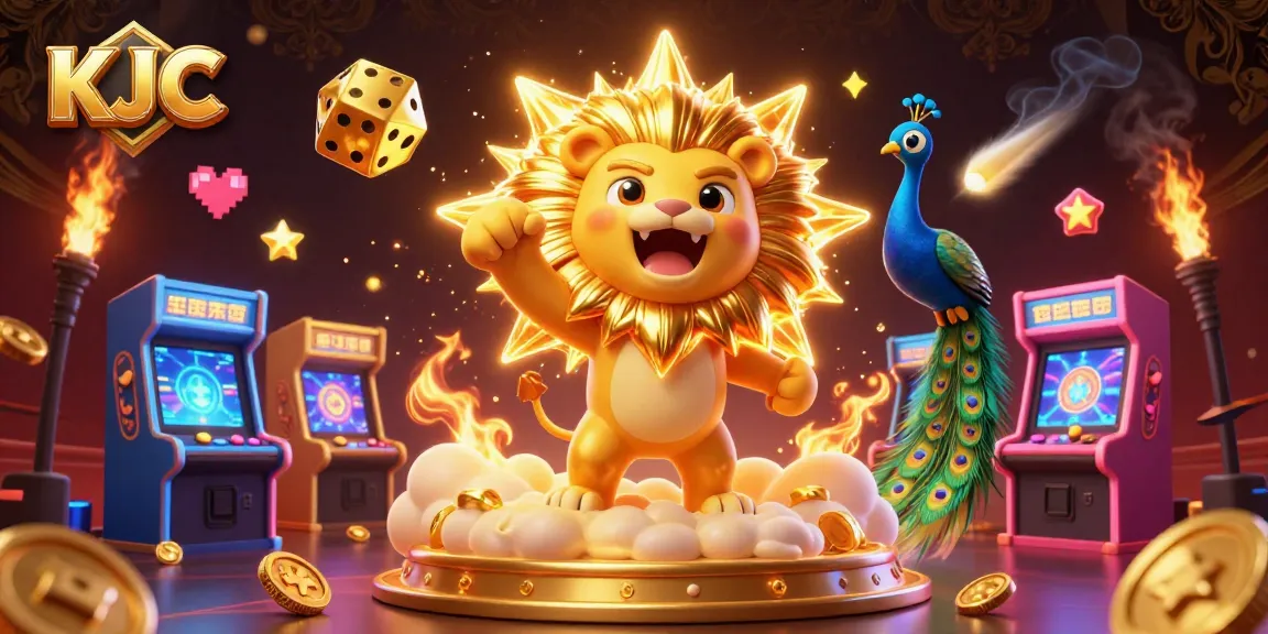 KJC showcases vibrant casino elements amid a 3D sun lion in a dynamic gaming world.