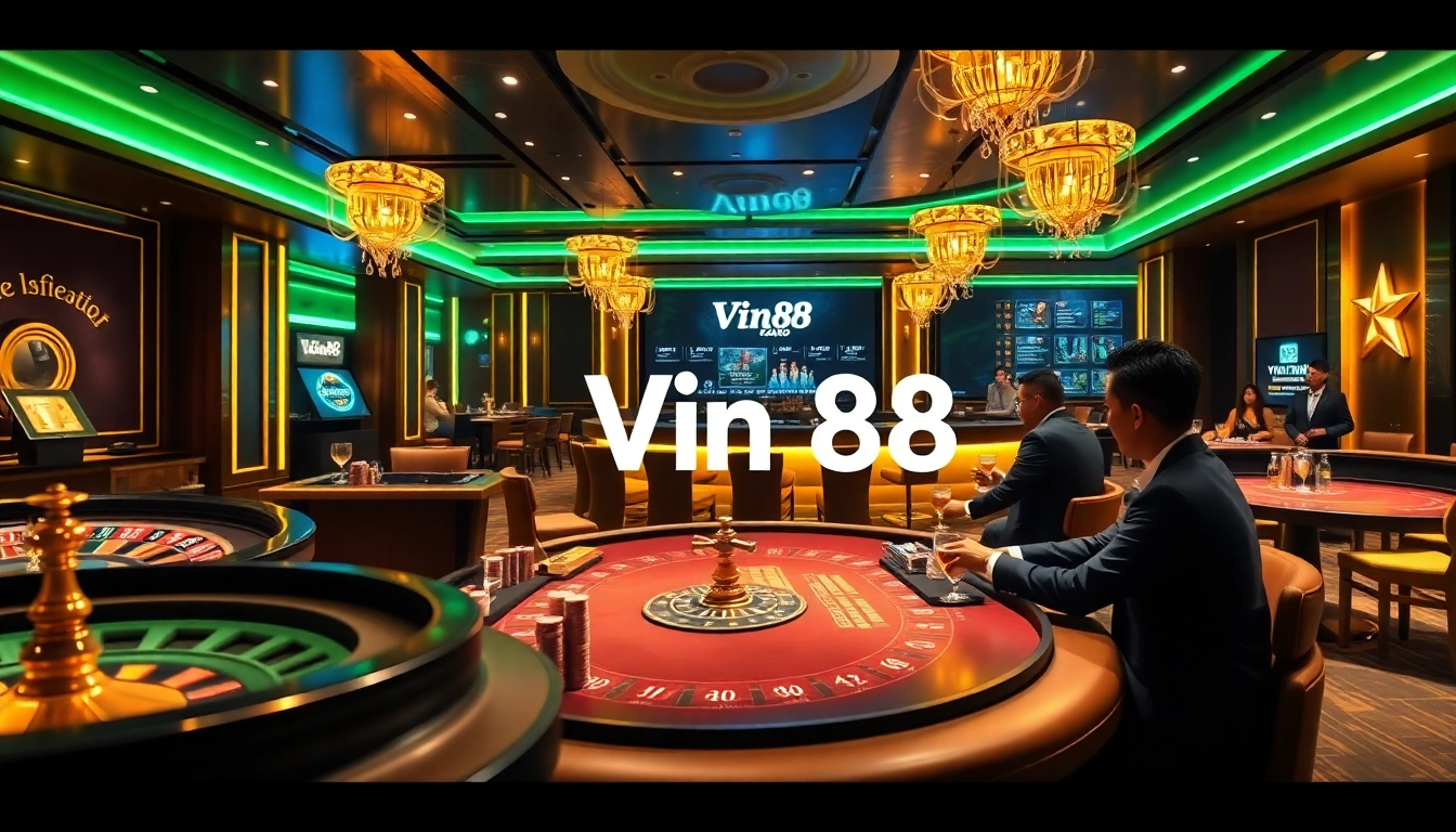 Experience excitement at Vin88 with players enjoying thrilling casino games and poker tables.