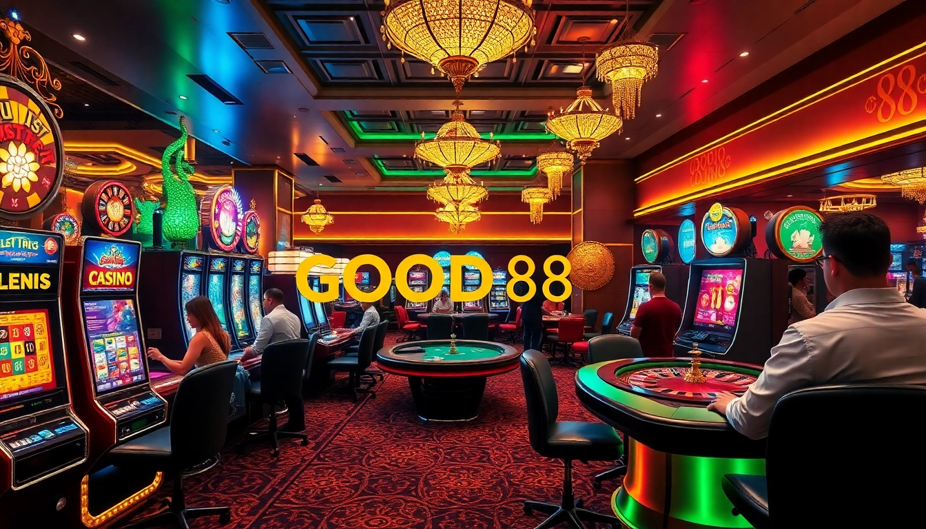 Engaged gamblers enjoy an electric atmosphere at the GOOD88 casino, featuring vibrant gaming tables and slot machines.