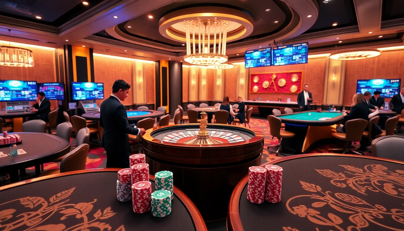 Play at MM99's exciting gaming tables featuring poker chips and a roulette wheel.