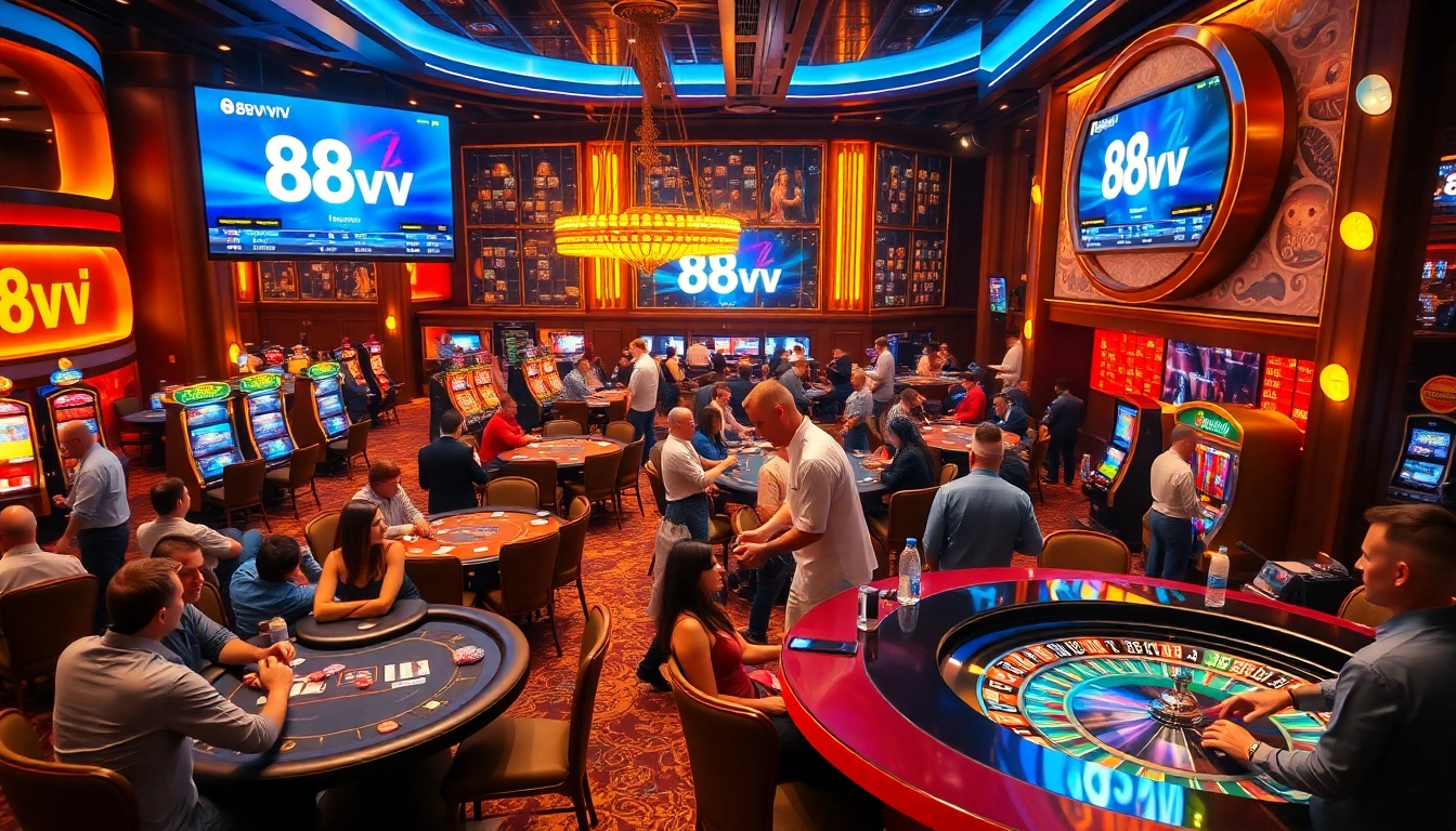 Gamblers enjoying a lively game in the 88vv online casino, highlighting vibrant atmosphere and professional setup.