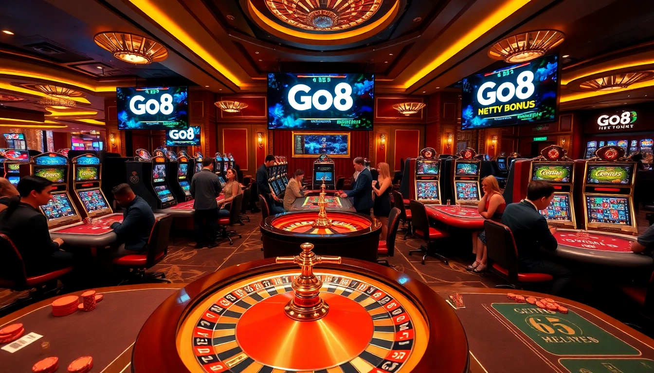 Go8 players enjoying exciting casino games in a luxurious gambling hall.