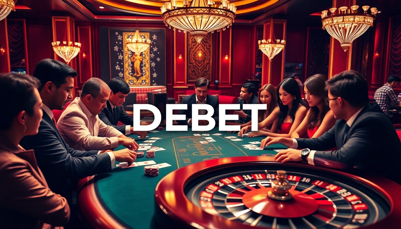 Engaging poker scene at an upscale casino featuring players and DEBET elements to enhance your gaming strategy.