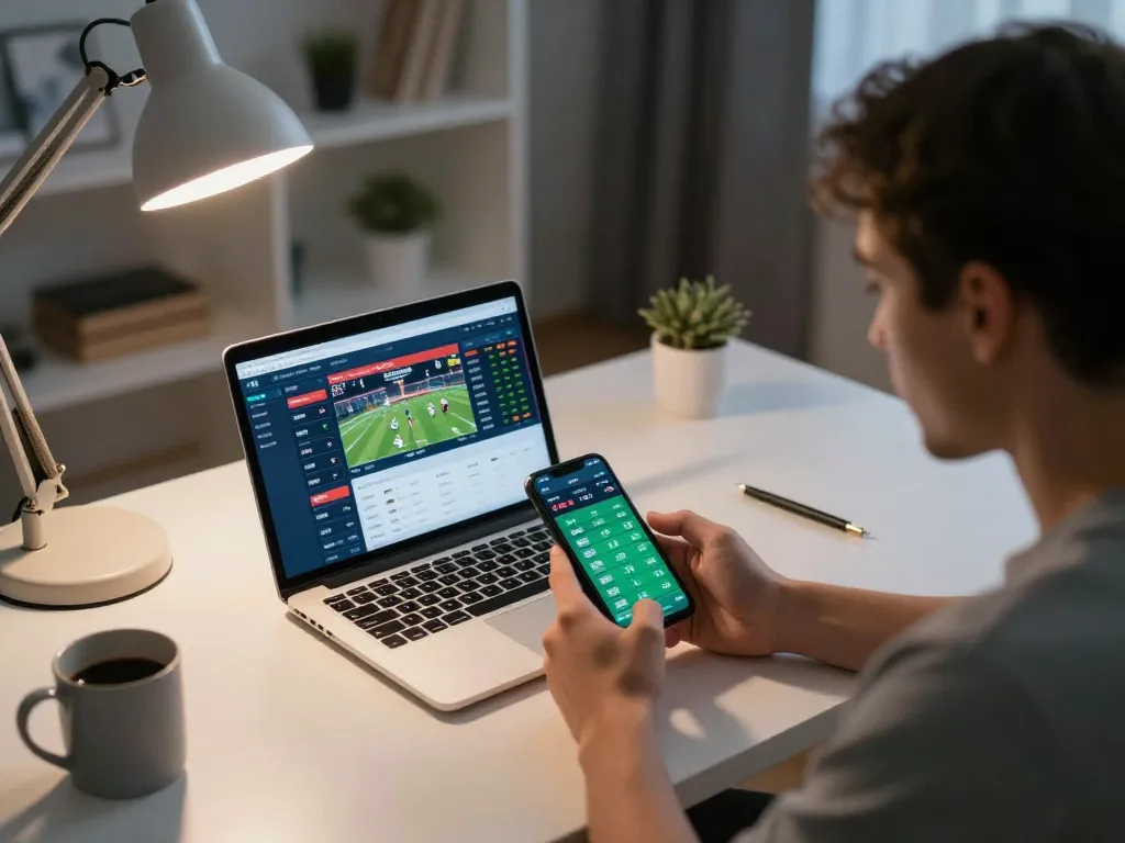 Experience TR88 sports betting excitement with user analyzing odds on smartphone at home desk.