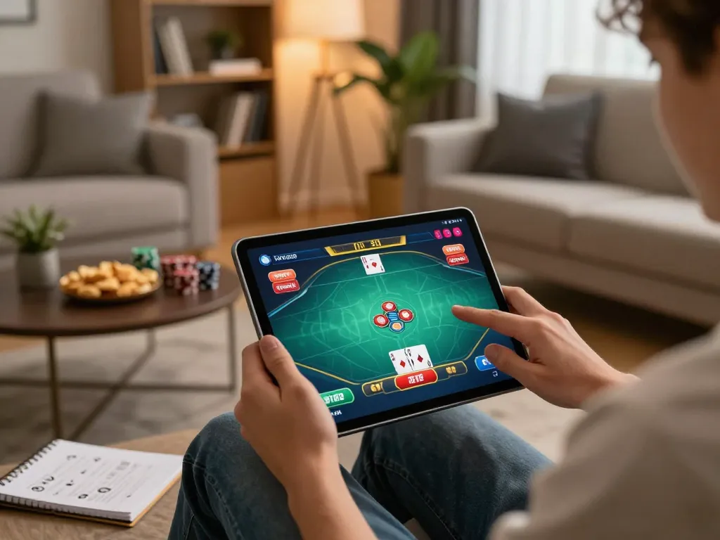 LC88 player excitedly engaging in online poker at home with tablet and strategy notes.