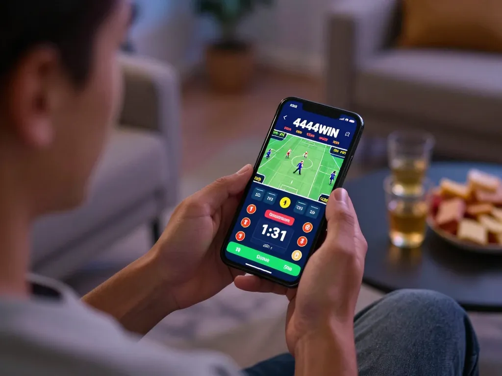 Engaging with the 4444WIN app for mobile betting in a cozy home setting, showcasing live sports excitement.