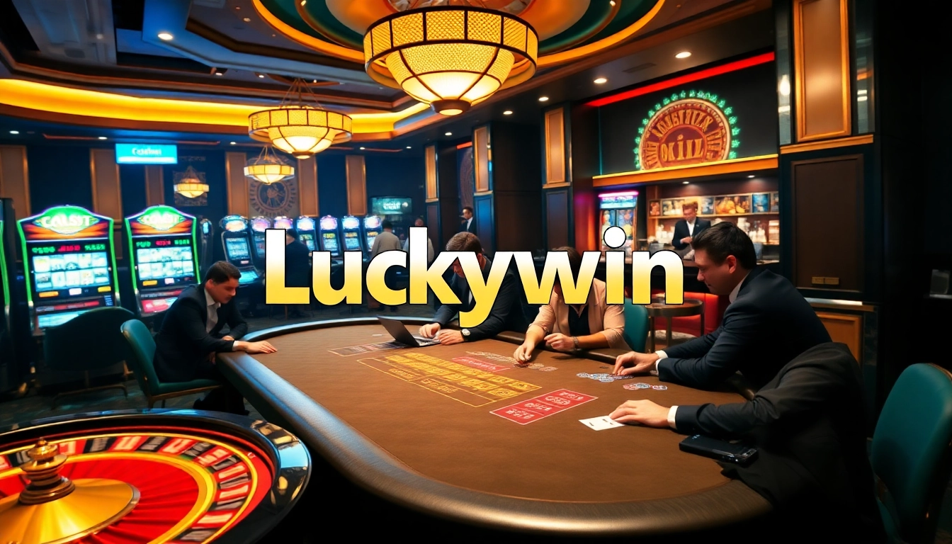Engaging scene of poker players at Luckywin casino, highlighting excitement and luxury.