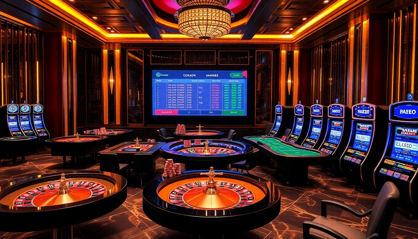 Thrilling Kèo Nhà Cái betting scene with casino tables and vibrant slot machines.