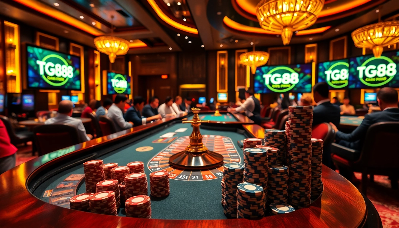 Experience the thrill of gambling at TG88 with vibrant casino tables and excited players.