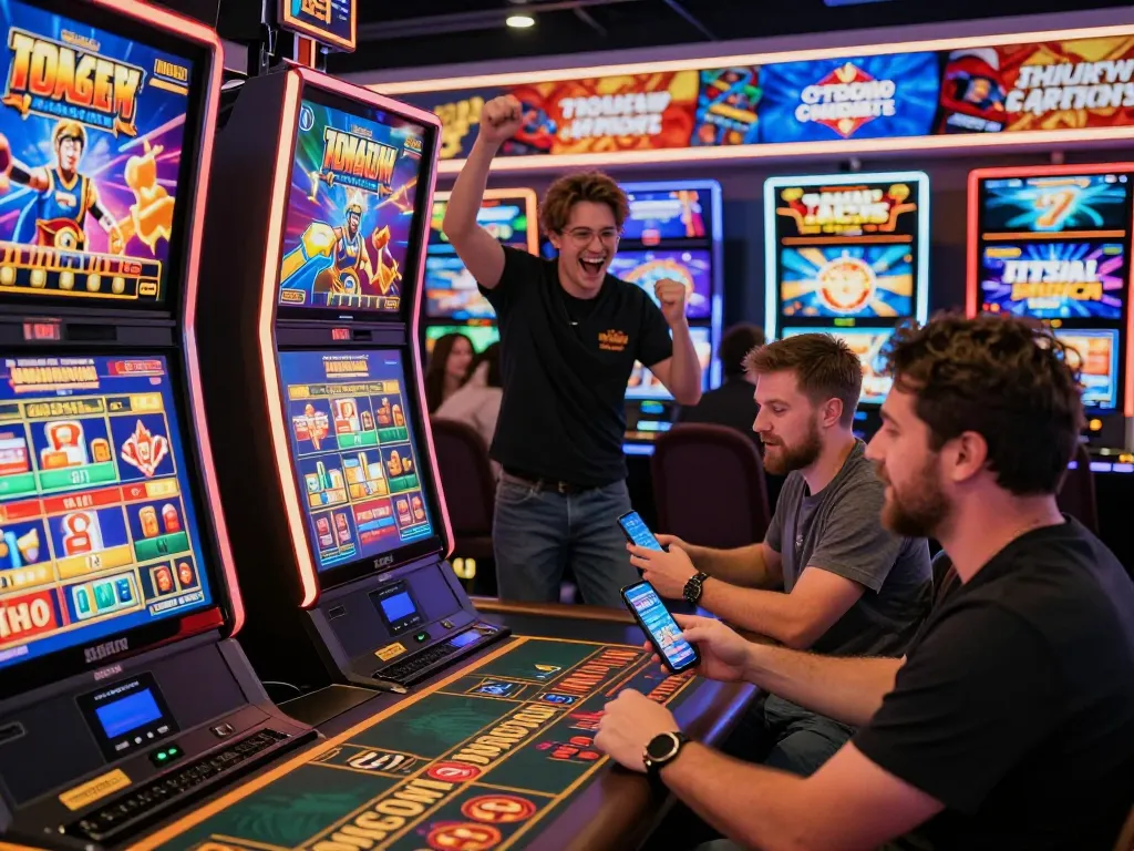 Exciting online gambling experience at QE8 with diverse players enjoying slots and live betting.
