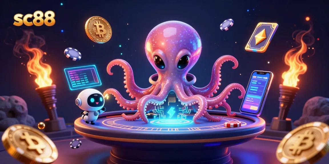 Engage in thrilling gameplay at sc88 with an alien octopus hosting a holographic poker table.