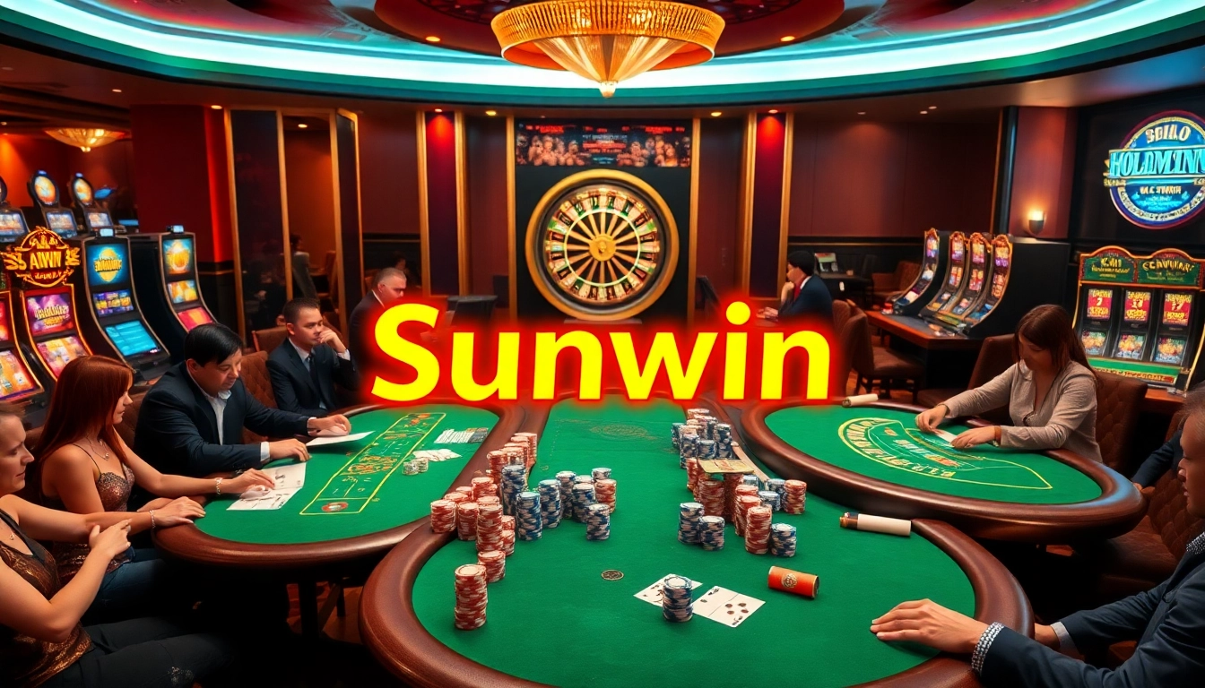 Exciting casino atmosphere with Sunwin branding, poker games, and vibrant gaming elements.