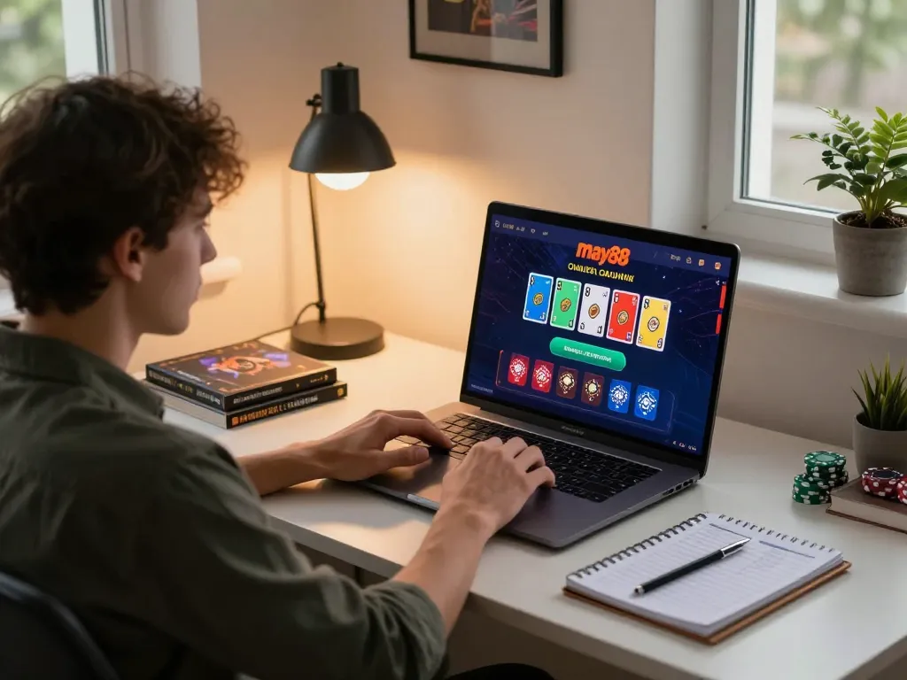 Engaged player utilizing may88 online casino for strategic gameplay in a cozy home setup